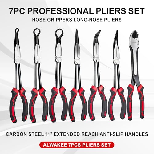 7-Piece 11" Long Reach Needle Nose Pliers Set | 7-Piece 11" long reach needle nose pliers set with 58HRC carbon steel, hose grippers, and case for tight engine spaces.