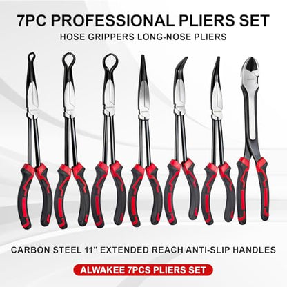 7-Piece 11" Long Reach Needle Nose Pliers Set | 7-Piece 11" long reach needle nose pliers set with 58HRC carbon steel, hose grippers, and case for tight engine spaces.