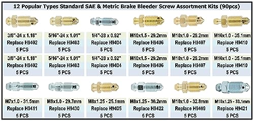 12-Type Brake Bleeder Screws - Bleeder Valve Kit, Fit for Ford, Dodge, Chrysler, Toyota - 90-Piece SAE & Metric Bleeding Screws