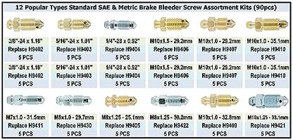 12-Type Brake Bleeder Screws - Bleeder Valve Kit, Fit for Ford, Dodge, Chrysler, Toyota - 90-Piece SAE & Metric Bleeding Screws