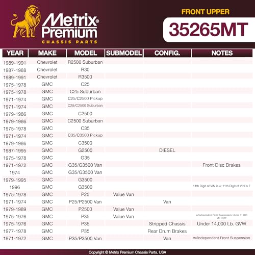 Metrix Premium Chassis Parts Ball Joint Fits Chevrolet C20 75-87, GMC C25 | 75-78, C20 Pickup 71-74, C20 Suburban 71-86, C25 Suburban 75-78, C25/C2500 Pickup 71-74, Front Upper, Replacement K6122 - size: K6122
