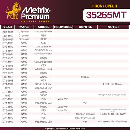 Metrix Premium Chassis Parts Ball Joint Fits Chevrolet C20 75-87, GMC C25 | 75-78, C20 Pickup 71-74, C20 Suburban 71-86, C25 Suburban 75-78, C25/C2500 Pickup 71-74, Front Upper, Replacement K6122 - size: K6122