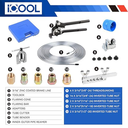 ICOOL 25 ft 3/16" Zinc Coated Brake Line Flaring Tool Kit with 20 Fittings and 4 Unions Brake Line Fittings, Brake Line Kit with Tube Bender and Reamer