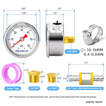 MEANLIN MEASURE 0-60Psi Stainless Steel Glycerin Filled Pressure Gauge 1/8" NPT 1.5" FACE DIAL, with 3/8" Barb Pressure Adapter Liquid Filled Pressure Gauge (9Pieces Kit, Back Mount) - size: 0-60Psi