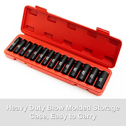 WIILDIS 14 Pieces 3/8-Inch Drive Deep Impact Socket Set, 7mm to 21mm, CR-V, Metric, 6-Point, 14 Pieces 3/8" Dr. Socket - size: METRIC - 14pcs