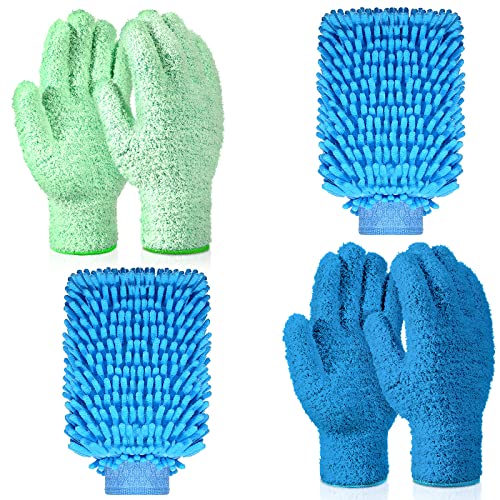 Potchen 6 Pcs Microfiber Dusting Mitt Gloves for Plants Washable Dusting Gloves for House Cleaning Furniture Car Washing - color: Blue, Green