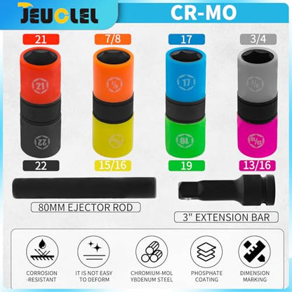 6PCS 8 Size 1/2" Drive Lug Nut Socket Set, Wheel Impact Flip Hex | Metric, Half Size, Non-Marring Flip Socket, Thin Wall Wheel Protector Impact Deep Socket Removal Tool, Knockout Bar, CR-MO - size: 6Pcs
