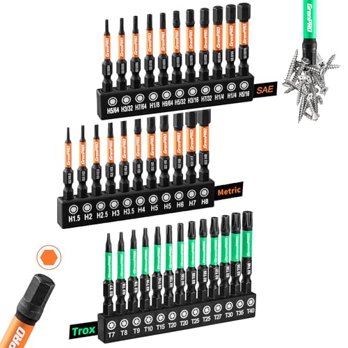GRENPRO Impact Screwdriver Bits Set, 35Pcs 2” Allen Wrench Drill Bit Set (Metric & SAE)/Trox, Premium S2 Steel Magnetic 1/4" Hex-Shank Bit Set,CNC Machined, Automotive Mechanic Home Repair - size: 2" 35pcs(Trox&Metric&SAE)