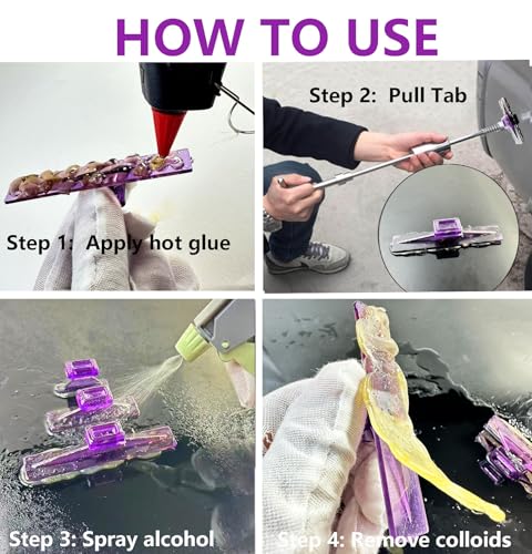 28Pc Dent Puller Glue Tabs, Car Body Dent Removal Pulling Hail Tabs | PDR Dent Hail Tabs, Paintless, ABS, Reusable, For Metal Body, Flat/Mild Curve, Small-Med Dents, Alcohol Release, Purple