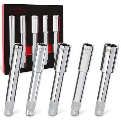 ABN Extra Deep Socket Set 5 Pieces - 3/8 Inch Drive Magnetic Grip Cr-V Deep Well Sockets - 6 Point 5/8 and 13/16in - 12 Point 14, 16 and 18mm