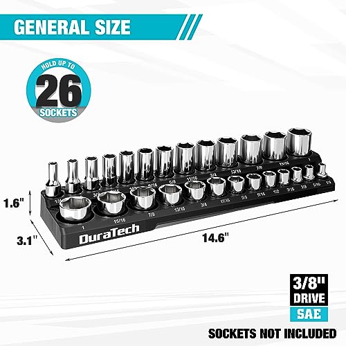 DURATECH Magnetic Socket Organizer, 3/8" SAE Socket Tray Holds 26 Pieces Standard & Deep Size Sockets, Magnetic Sockets Holder(Socket Not Included) - size: 3/8" DR, SAE