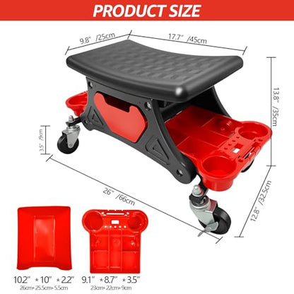 Mechanic Stool, Garage Stool, 300 LBS Capacity Heavy Duty | Rolling Mechanics Seat with Two Tool Trays and Drawer, Tools for Automotive Auto Repair