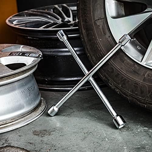 CARTMAN 14 Inch Heavy Duty 4 Way Universal Cross Lug Wrench Tire Iron | Built with sturdy thick steel structure, 4 integrated sockets sized 17/19mm & 21/22mm for effortless vehicle tire maintenance - size: 14" Chrome