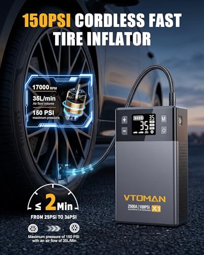 VTOMAN X1 Jump Starter with Air Compressor, Car Battery Jumper Starter (2500A, Up to 8.5L Gas/6L Diesel Engine) with 150PSI Auto Tire Inflator, 12V Portable Booster Pack, Lithium Jump Box Charger-Gray - color: 2500A-Grey