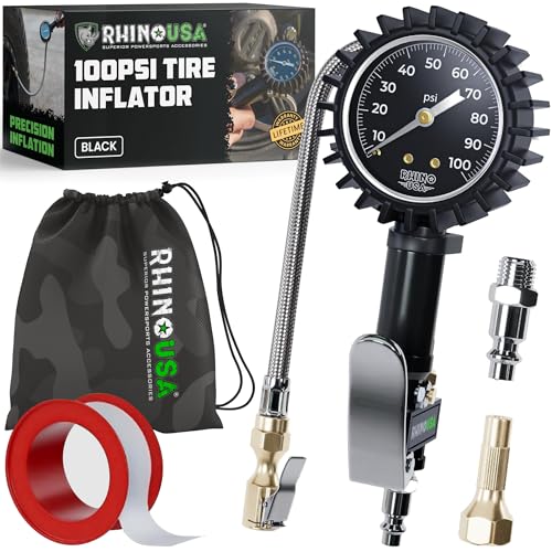 Rhino USA Tire Pressure Gauge with Inflator (0-100 PSI) - Heavy Duty Air Chuck and Compressor Accessories with Stainless Braided Hose, Large Analog Dial and Solid Brass Hardware for Truck and RV - style: 100psi Analog