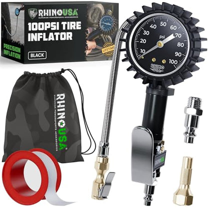 Rhino USA Tire Pressure Gauge with Inflator (0-100 PSI) - Braided Hose | Heavy Duty Air Chuck & Compressor Accessories. Stainless Braided Hose, Large Analog Dial, Solid Brass Hardware. - style: 100psi Analog