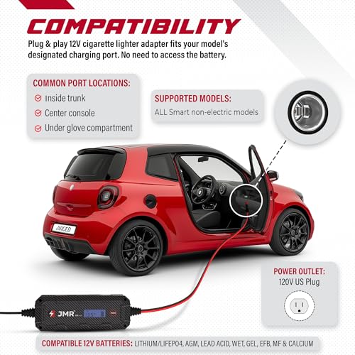 JMR 12V Battery Charger for Smart, 12V Cig. Port, Add Lithium Mode | Trickle Charger Conditioner Maintainer For Crossblade Fortwo City-Coupé Forfour Roadster All Models - size: Add Lithium Mode