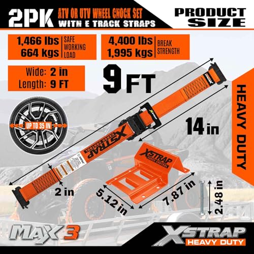XSTRAP STANDARD 2-Pack Wheel Chock E-Track Tie Down Straps Kit, 2" x 9FT | 4,500lb Break Strength Over-The-Tire Ratchet Straps with Steel Wheel Chocks for ATV, UTV, Lawn Mower, Trailer Hauling, Orange - size: Orange-2PK-9FT