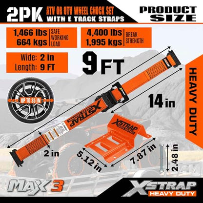 XSTRAP STANDARD 2-Pack Wheel Chock E-Track Tie Down Straps Kit, 2" x 9FT | 4,500lb Break Strength Over-The-Tire Ratchet Straps with Steel Wheel Chocks for ATV, UTV, Lawn Mower, Trailer Hauling, Orange - size: Orange-2PK-9FT