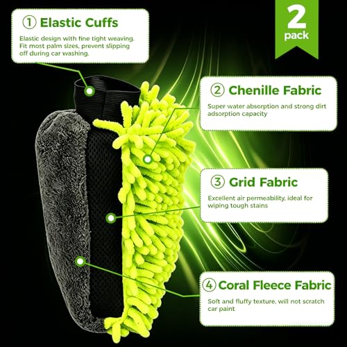 3-Piece Car Wash Kit: 2 Scratch-Free Chenille Microfiber Wash Mitts + 1 Large 400GSM Drying Towel, Lint-Free Auto Cleaning Set for Cars Trucks SUVs RVs | 2 Scratch-Free Chenille Washing Glove + 1 Large 400GSM Drying Towel, Lint-Free Auto Cleaning Set for