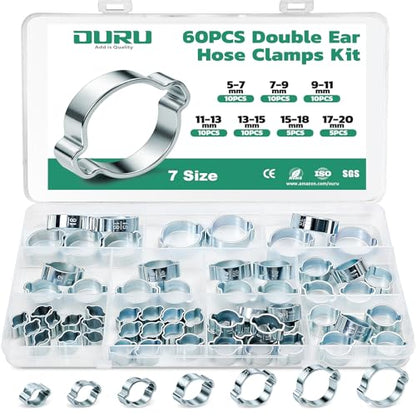 OURU 60PCS Double Ear Hose Clamps, 7 Sizes 5-20mm Galvanized Steel Crimp Rings for Hoses, Tubes, and Pipelines - size: 60PCS（5-20mm）