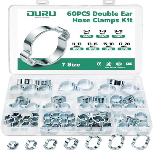 OURU 60PCS Double Ear Hose Clamps, 7 Sizes 5-20mm Galvanized Steel Crimp Rings for Hoses, Tubes, and Pipelines - size: 60PCS（5-20mm）