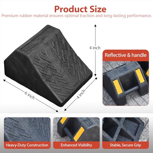8 Pack Wheel Chocks,Heavy Duty Wheel Wedge with Handle and Yellow Reflective Strip, Solid Rubber Heavy Duty Black for RV Trailer Camper Truck Car Aircraft Boat