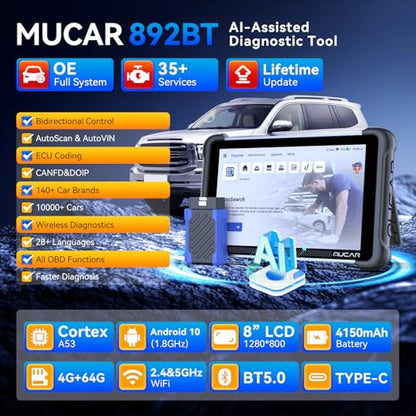 MUCAR 892BT Scanner and Tempered Glass Screen Protector,AI-Assisted Bidirectional Scan Tool, Full System OBD2 Scanner, Bi-Directional OBD2 Scanner Diagnostic Tool,ECU Coding, 35 Services, FCA Autoauth