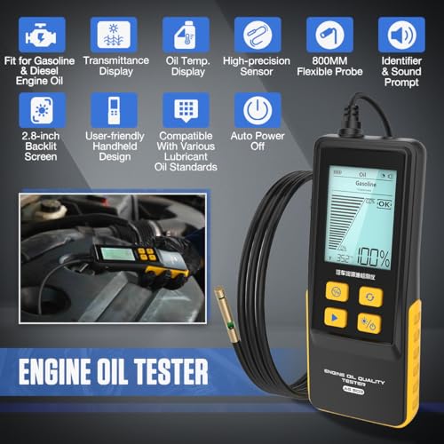 Engine Oil Tester Gasoline & Diesel Engine Oil Quality Tester Analyzer Detector High-precision Car Engine Oil Diagnostic Tool with 50inch Flexible Probe,Identifier&Sound Prompt,2.8in Backlight Display - color: Yellow