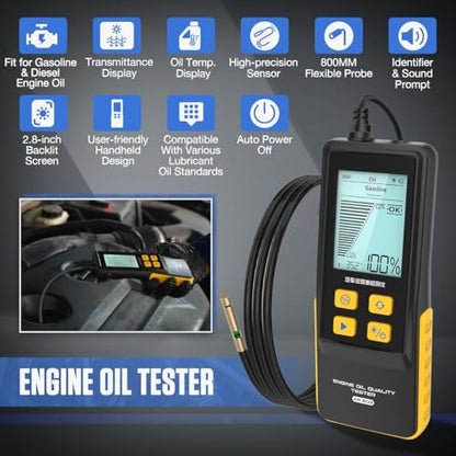 Engine Oil Tester Gasoline & Diesel Engine Oil Quality Tester Analyzer Detector High-precision Car Engine Oil Diagnostic Tool with 50inch Flexible Probe,Identifier&Sound Prompt,2.8in Backlight Display - color: Yellow