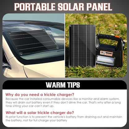10W 12V Solar Car Battery Charger Maintainer, Solar Panel Trickle Charger | Waterproof Solar Panel Portable Solar Trickle Charger with Cigarette Lighter Plug Alligator Clip for Car Motorcycle Boat RV