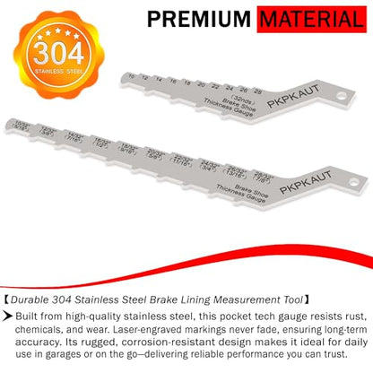 Brake Pad Measuring Tool, Drum Brake Thickness Gauge 2Pcs Sets | 304 Stainless Steel, 2-in-1 32ths(16ths)-labeled Technician Gauge for Brake Lining & Drum Wear, No Wheel Removal Needed