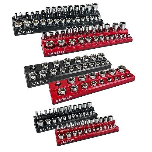 EACELIY Magnetic Socket Organizer Set, 1/2", 1/4" and 3/8" SAE & Metric Deep & Shallow Socket Holder Kit, holds 141 stanard Sockets, attaches to steel box/tool cart (sockets not included) 丨6PCS - size: 6PCS 1/2&3/8&1/4inch