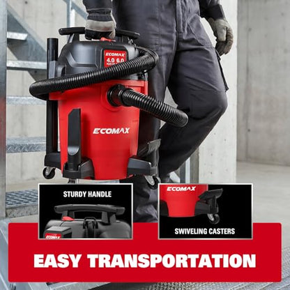 ECOMAX Ultra Quiet Shop Vacuum Wet and Dry 6 Gal 4 HP | 80% Less Noise, 3X Longer Motor Lifespan, Powerful Sunction, Portable Shop Vacuum Cleaner for Garage Workshop Jobsite