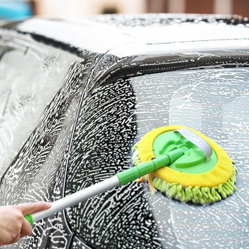 Weiliya 47.5"" Car Wash Brush Mop Cleaning Tool with Long Handle Kit for Washing Detailing Cars Truck, SUV, RV, Trailer, Boat 2 in 1 Chenille Microfiber Sponge Duster Not Hurt Paint Scratch Free