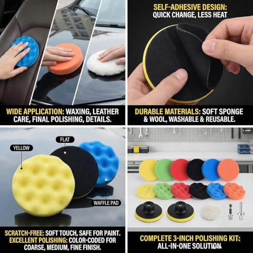 21 Pcs 3 Inch Polishing Pad Kit for Drill - Car Buffing Pads Set with Wool & Foam, Self-Adhesive for Polishing, Waxing, Sanding | Drill Attachment Buffer Kit