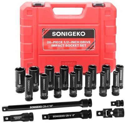 Socket Set 1/2" Drive Impact Socket Set,20-Piece 6 Point Deep, Metric CR-V Steel Sockets with Extension Bars, Universal Joint and Adapter(1/2" 20 PCS Metric) - size: 20 PCS, 1/2" Socket Set, Metric