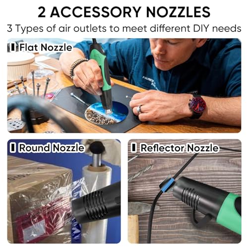 ROMECH 350W Heat Gun with 2 Nozzles, Dual Temp Heat Gun 400°F-660°F, Fast Heat Hot Air Gun with Overload Protection for DIY Craft Embossing Shrink Wrapping (Green) - color: Green