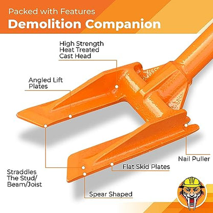 48” Demolition Pry Bar & Crowbar – Round Handle Wrecking Bar for Ceiling & Wall Demo – Heavy Duty Nail Puller Tool for Contractors, Firefighters & Home Renovations - size: 48" Round