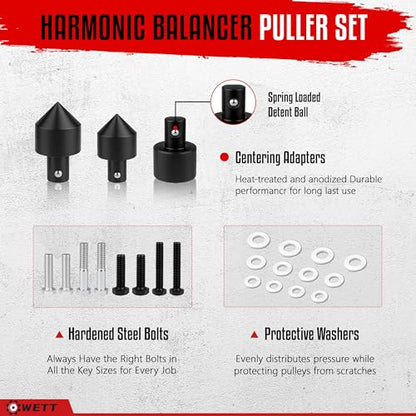WETT Harmonic Balancer Puller Set, 47Pcs Power Steering Wheel Pulley Puller Installer Tool, Automotive Flange Type Gear and Crank Puller Set, Harmonic Balancers, Crankshaft Pulleys, Gears