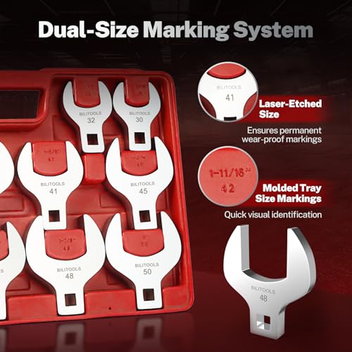 BILITOOLS 14PCS 1/2" Drive Jumbo Crows Foot Wrench Set, Metric | Big Crowfoot Wrench Set (27-50mm) for Large Fasteners. CR-V Steel, Mirror Chrome Finish. Fits 1/2" Drive Ratchets. - style: Metric, 27 - 50 Mm