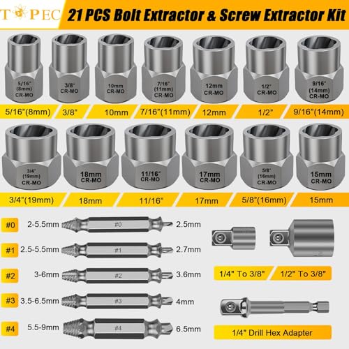 Topec 21 PCS Bolt Extractor Kit, 3/8" Drive Bolt & Nut Remover Socket Set, HSS 4341 Small Screw Extractor Set, 2-in-1 Removal Tool for Stripped, Broken, Damaged, Rounded Nuts, Screws - size: 21 PCS