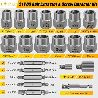 Topec 21 PCS Bolt Extractor Kit, 3/8" Drive Bolt & Nut Remover Socket Set, HSS 4341 Small Screw Extractor Set, 2-in-1 Removal Tool for Stripped, Broken, Damaged, Rounded Nuts, Screws - size: 21 PCS