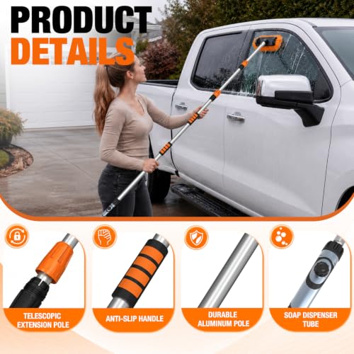 LAANPOLE 12FT Car Wash Brush with Long Handle, Car Cleaning Brush with 12 Inch Soft Bristle and Soap Dispenser, Solar Panels Cleaner with Telescoping Pole for RV, Truck, Boat, House Siding, Orange - color: Orange