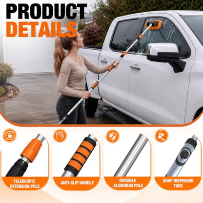 LAANPOLE 12FT Car Wash Brush with Long Handle, Car Cleaning Brush with 12 Inch Soft Bristle and Soap Dispenser, Solar Panels Cleaner with Telescoping Pole for RV, Truck, Boat, House Siding, Orange - color: Orange