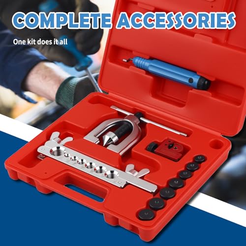2026 Upgraded Brake Line Flaring Tool Kit,Professional Double & Single Brake Flare Tool Kit with 7 Adapters & Cutter/De-Burrer,Portable Brakes Line Repair Kits for Most Vehicles