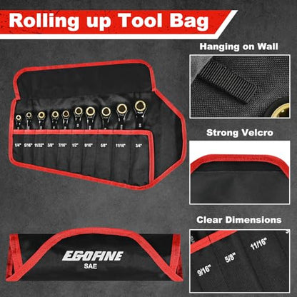 Egofine Ratcheting Wrench Set 10 Piece, SAE Wrench Set, CR-V Steel 1/4” to 3/4” Wrench, 72-Teeth Combination wrench set, Black Electrophoretic Coating Ratchet Wrenches Set with Tool Roll Bag - style: SAE-10 piece set