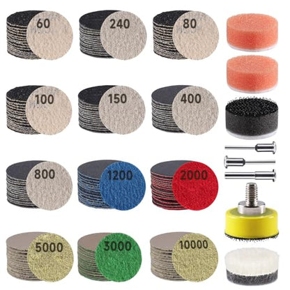 188 PCS 1 Inch Wet Dry Sanding Discs 60-10000 Grit Hook and Loop Sandpaper | Rotary Tool Accessories with 1/8" 1/4" Shank, Backing Pad, Polishing Pads, Foam Pads for Auto Metal Glass Resin Wood Jewelry - color: 1 Inch Sanding Discs with Polishing Pads