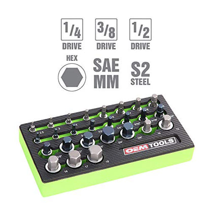 OEMTOOLS 23990 Allen Socket Set 26 Piece, Allen Wrench Socket Set SAE and Metric Sizes, Hex Socket Set Heat-Treated Alloy Steel, Hex Bit Set Rust-Resistant, Organized Allen Bit Set EVA Tray | Hex Socket Set Heat-Treated Alloy Steel, Rust-Resistant, Hard C