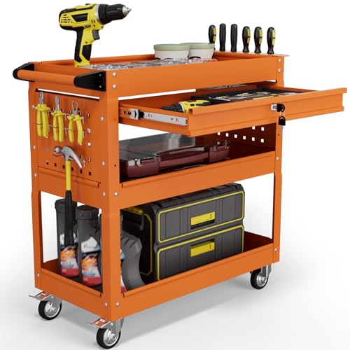 3 Tier Tool Cart on Wheels with Drawers - Three Tier Rolling Cart with Lockable Storage - Mechanic Tool Chest - Tool Chest with Wheels Used in Garage, Indoors, Workshop (Orange) - color: Orange